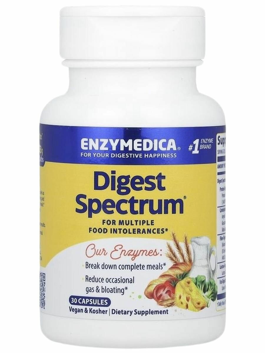 Enzymedica, Digest Spectrum, пищеварительные ферменты при непереносимости лактозы, глютена, казеина, 30 капсул