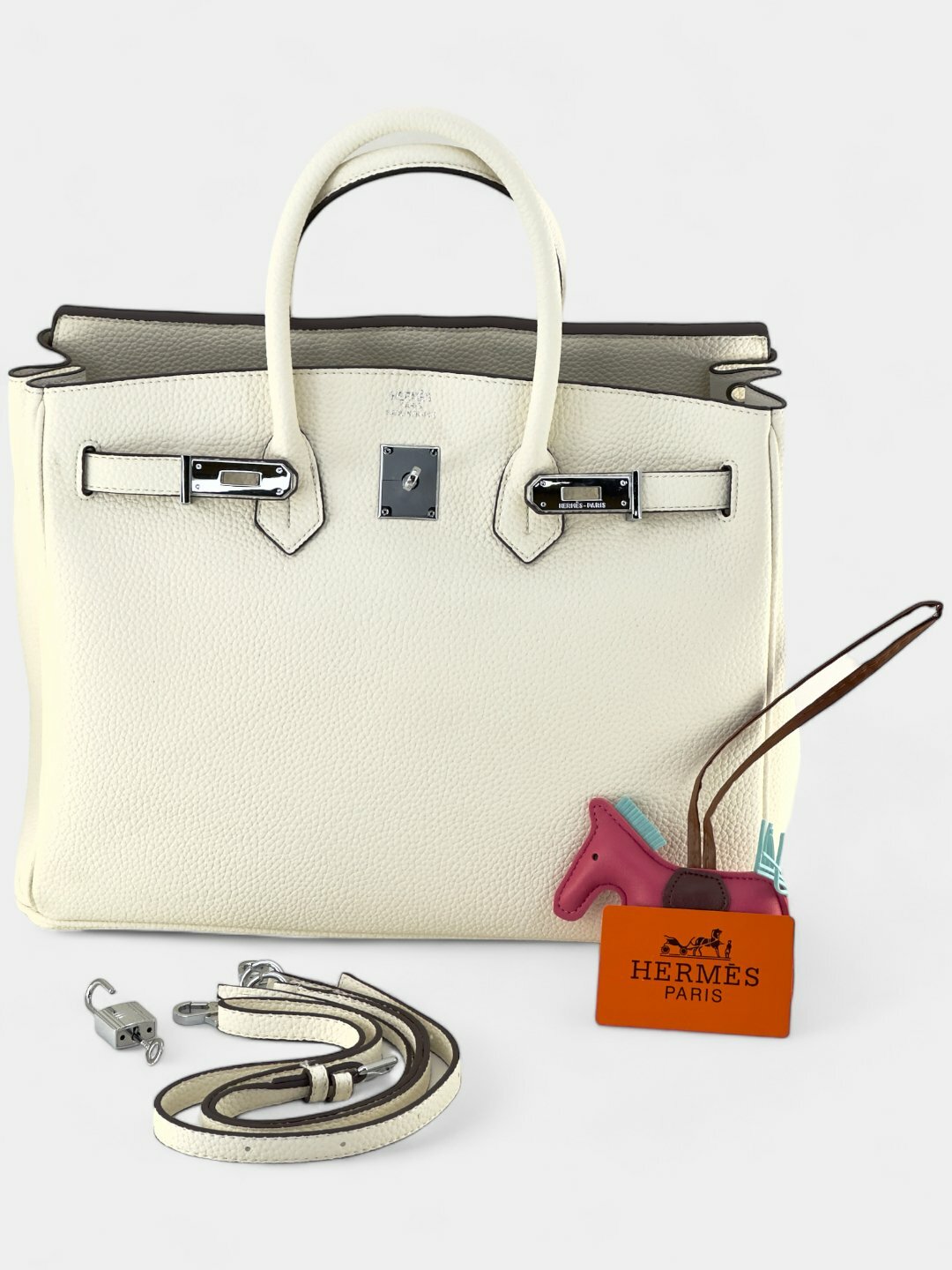 Сумка  Hermes Birkin Style Leather Bag, фактура зернистая, белый,