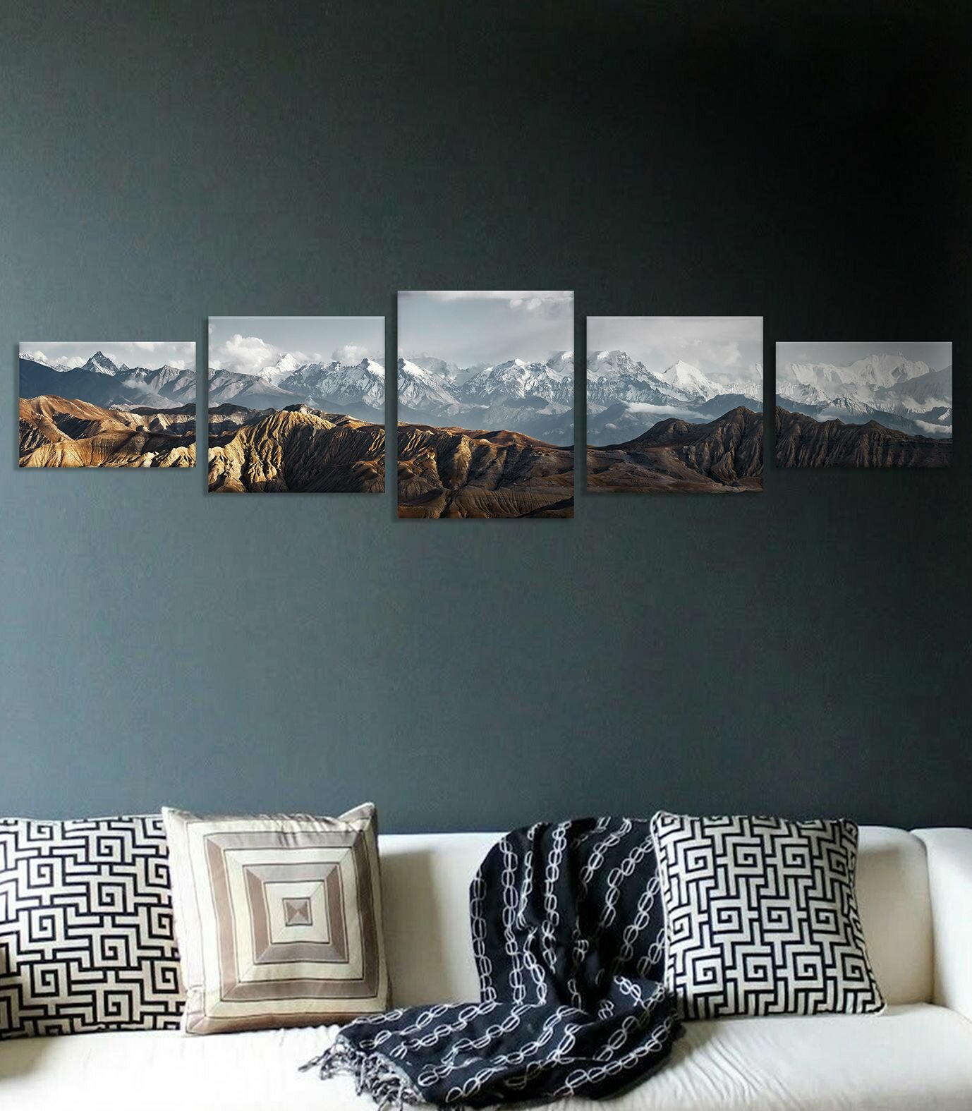 Модульная картина для интерьера на стену панорамная из 5 частей Горный пейзаж облака холмы 40х150 см