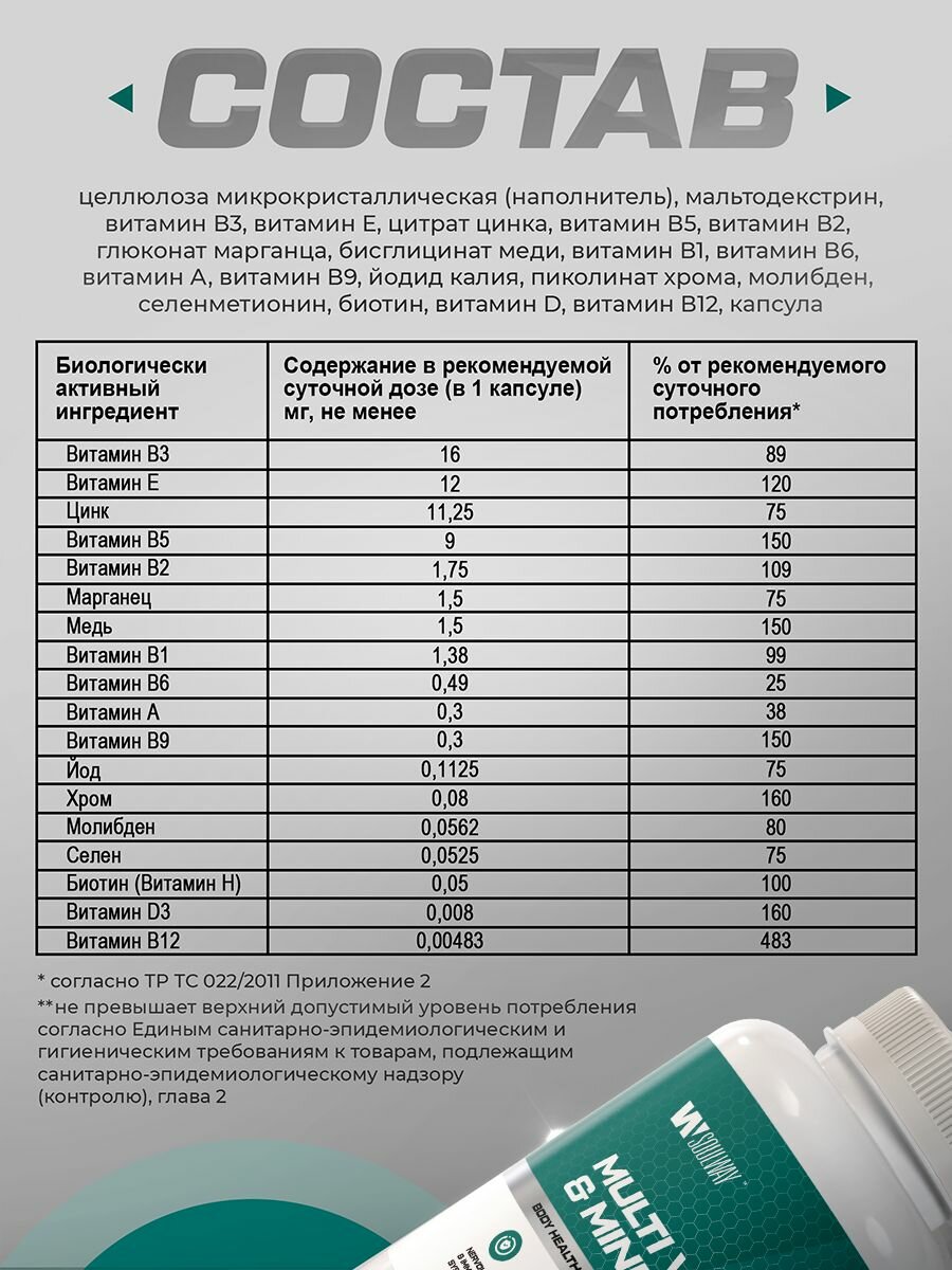 Витамины для здоровья, мульти-витаминный комплекс / Soul Way / 18 витаминов и минералов / 120 капсул — фото 1