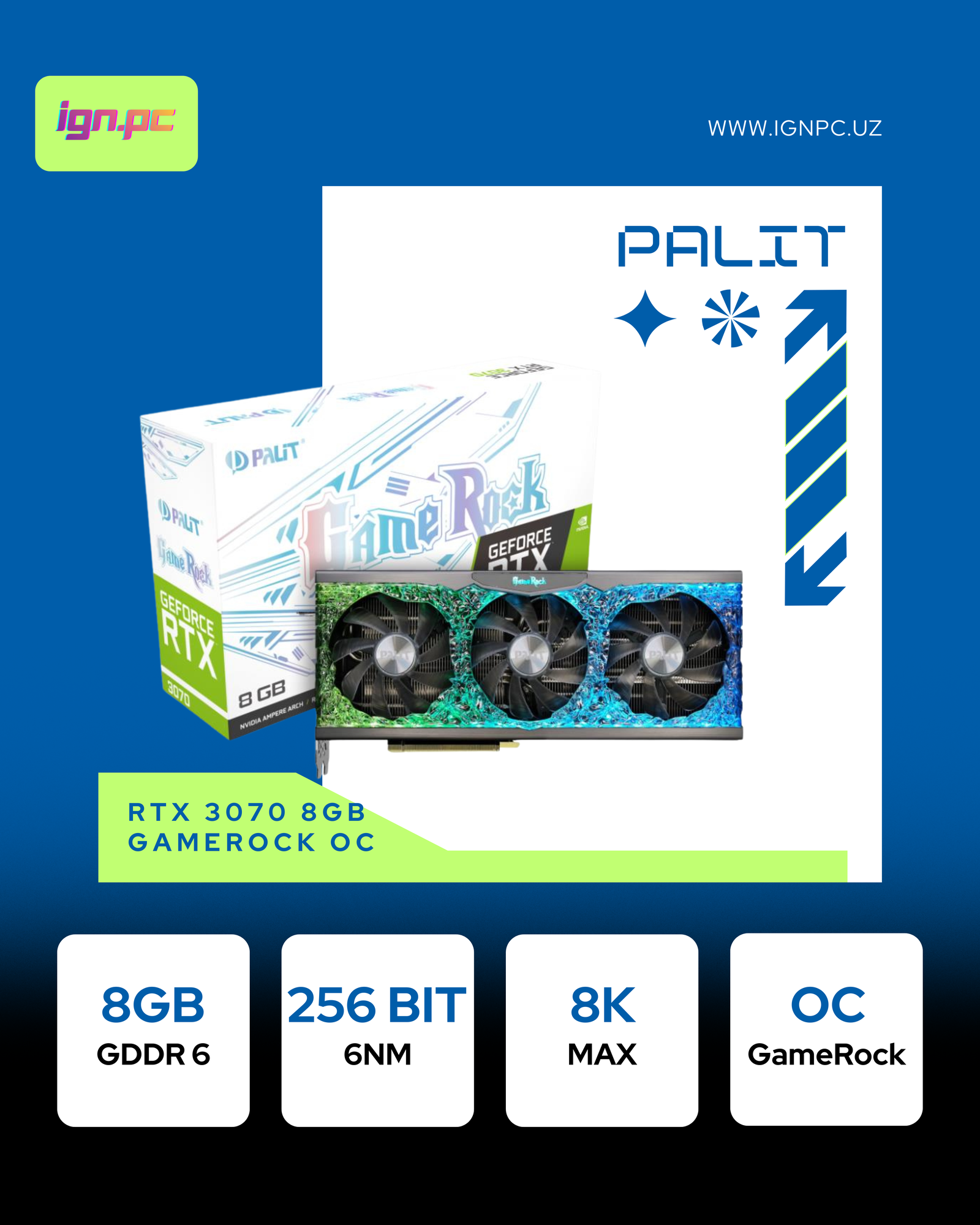 Видеокарта Palit GeForce RTX 3070 GameRock OC, 8 ГБ, GDDR6, 256 бит, 3 DP, HDMI, LHR