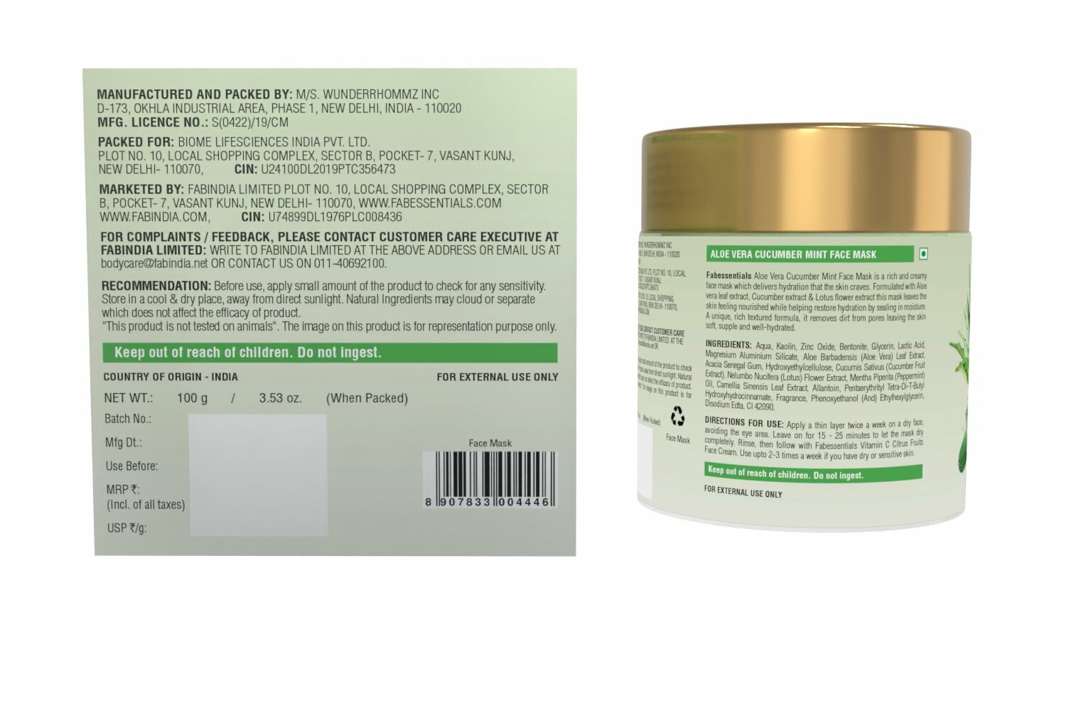 Маска для лица Алоэ вера, Огурец, Мята Fabessentials Face Mask 100 г — фото 1