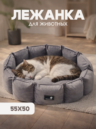 Изображение товара Лежанка из мебельного велюра с бортиками и съёмной подушкой для кошек и маленьких собак 55см