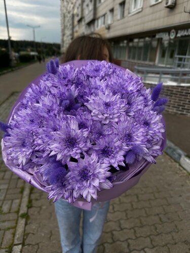 Изображение товара Букет нежный фиолетовый с хризантемой и лагурусом/ недорогой подарок/ красивый букет/ свежие цветы/ доставка сегодня