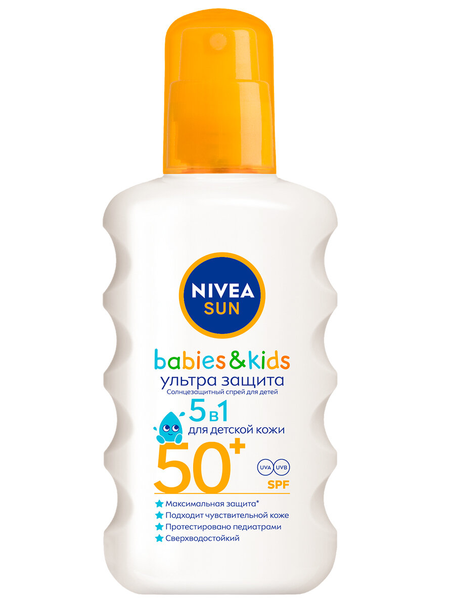Картинки Детский солнцезащитный спрей NIVEA Sun "Ультра защита" для чувствительной кожи SPF 50+, сверхводостойкий, 200 мл.