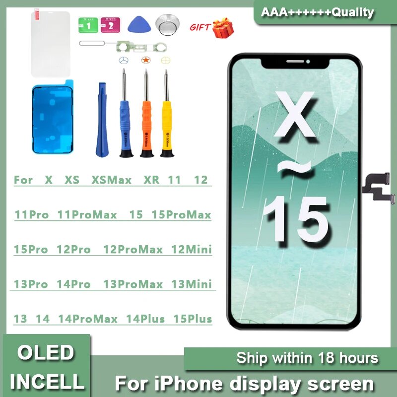 AAA новый OLED для iPhone X XR XS Max ЖК-дисплей Incell для iPhone 11 12 13 Pro Max 13 Mini 14 Plus 15, дигитайзер экрана в сборе OLED For X