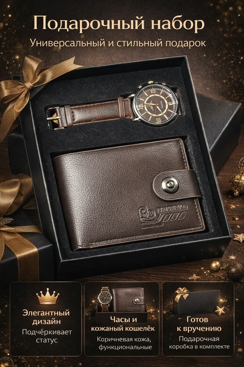 Подарочный набор "Часы и кошелек", в подарочной коробке, классический дизайн