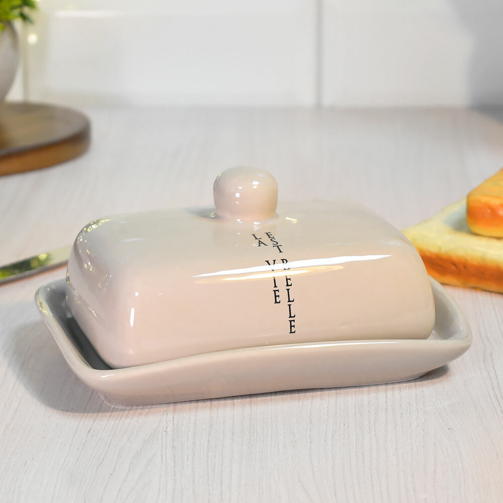 Масленка керамическая "жизнь прекрасна", светло-бежевая, с крышкой, подарочная коробка