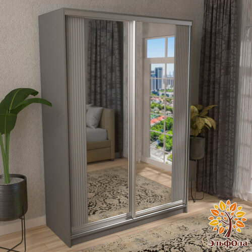 Изображение товара ЭльфОла Шкаф-купе "Вертикаль" 152х45х220 см, цвет серый/серебро/накладка лайт грей, с зеркалом, для одежды, двухдверный