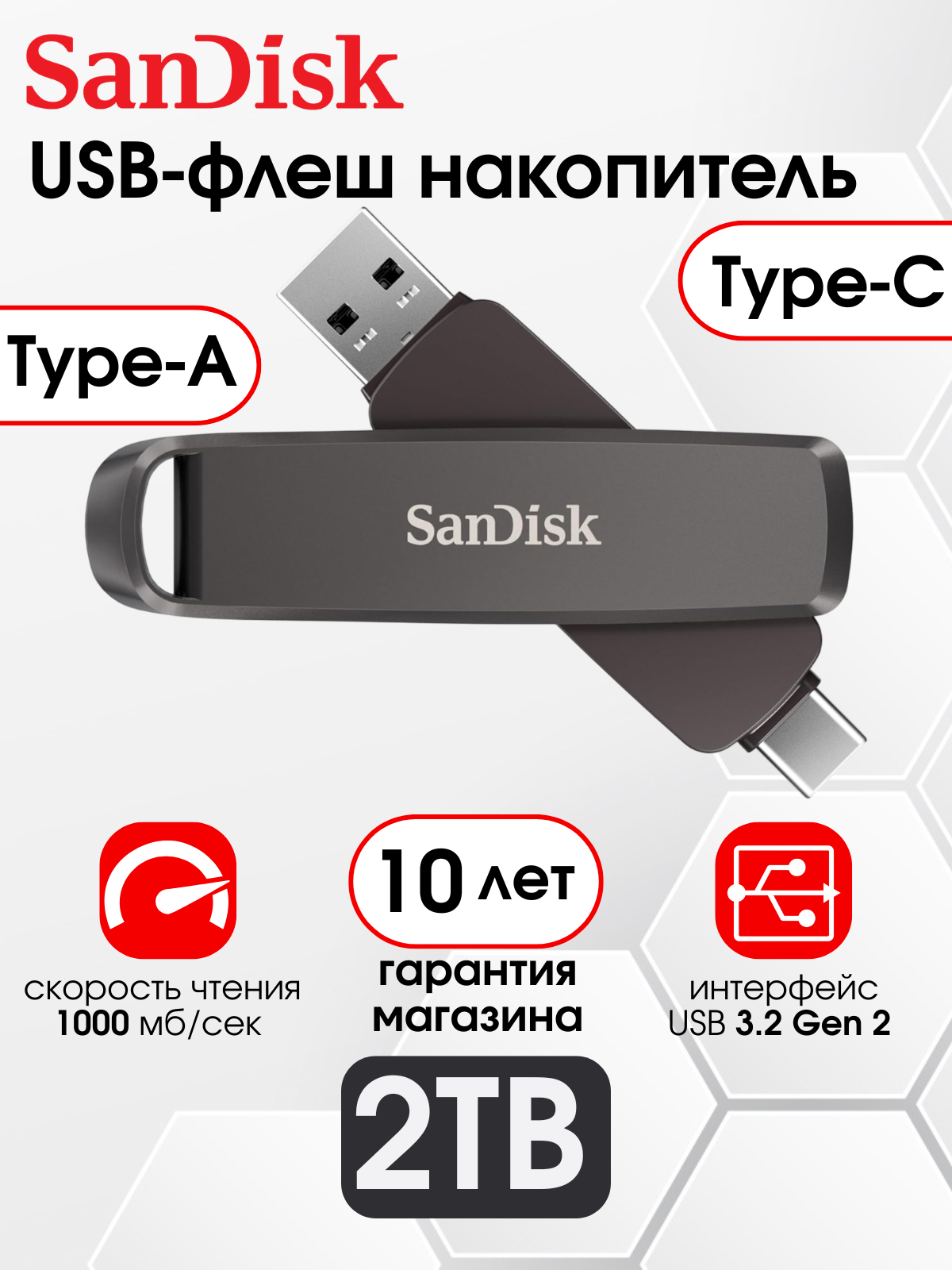 Флеш-накопитель SanDisk Extreme PRO Dual Drive USB Type-C, Type-A, 2 ТБ, 1000 МБ/с (SDDDE1-2T00-G46), серый