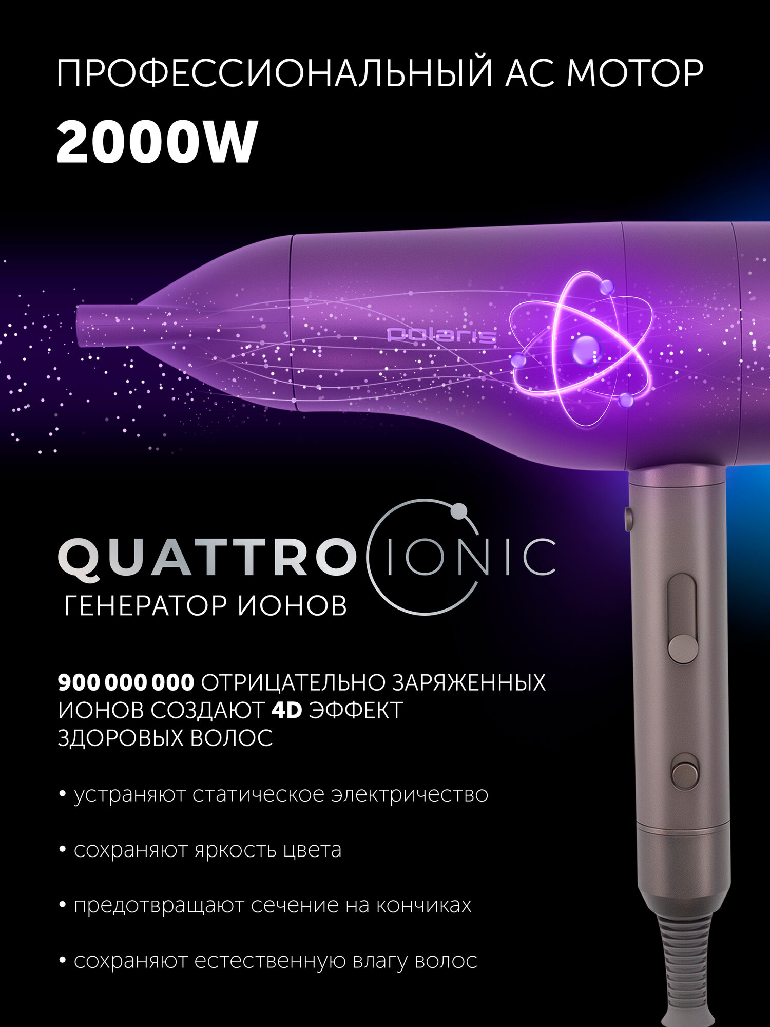 Фен Polaris PHD 2003 Global, съёмный фильтр, ионизация, защита от перегрева, графитовый — фото 1