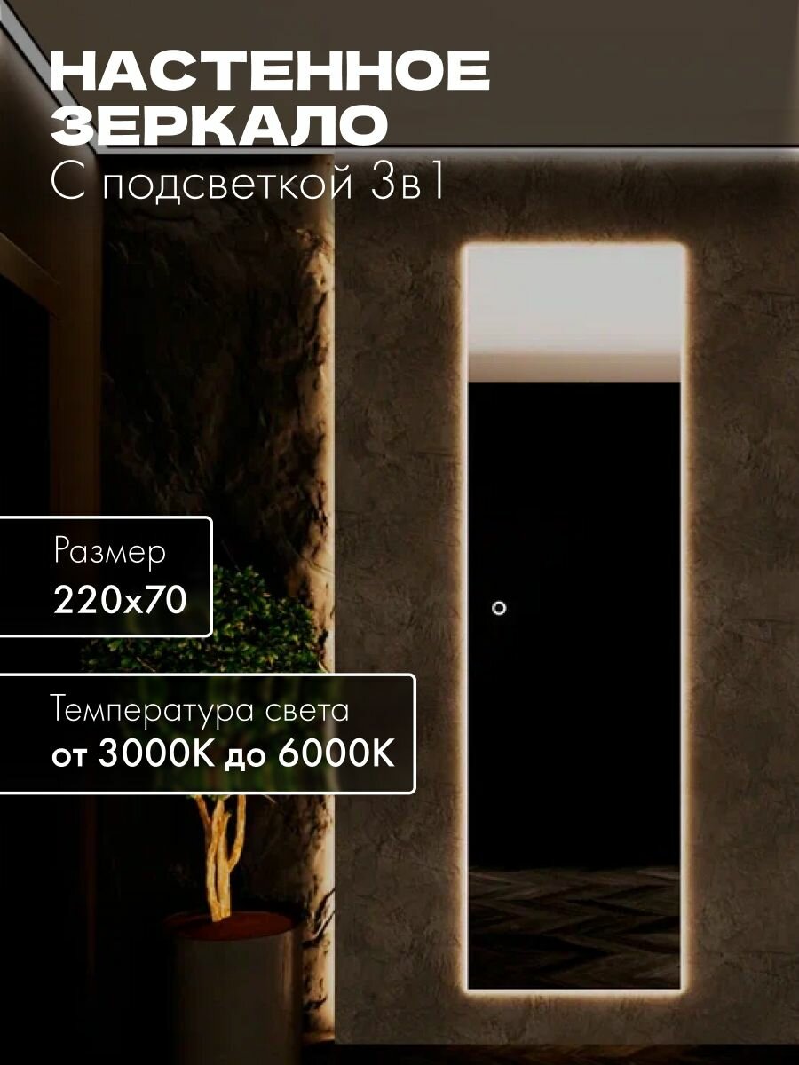 Зеркало настенное 220х70 см. с подсветкой сенсорное без рамы интерьерное MOONRISE