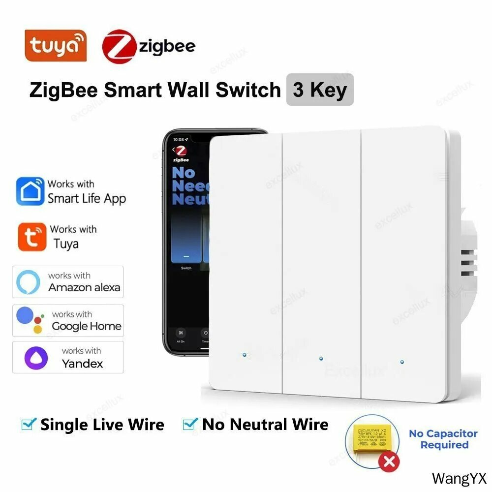 Умный выключатель Zigbee с Алисой, без нуля, трехклавишный, Tuya smart life