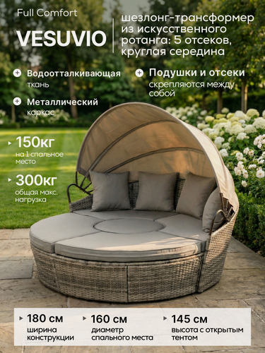 Изображение товара Шезлонг круглый садовый из искусственного ротанга Full Comfort - VESUVIO (180x145 см), 5 отсеков, круглая середина серый