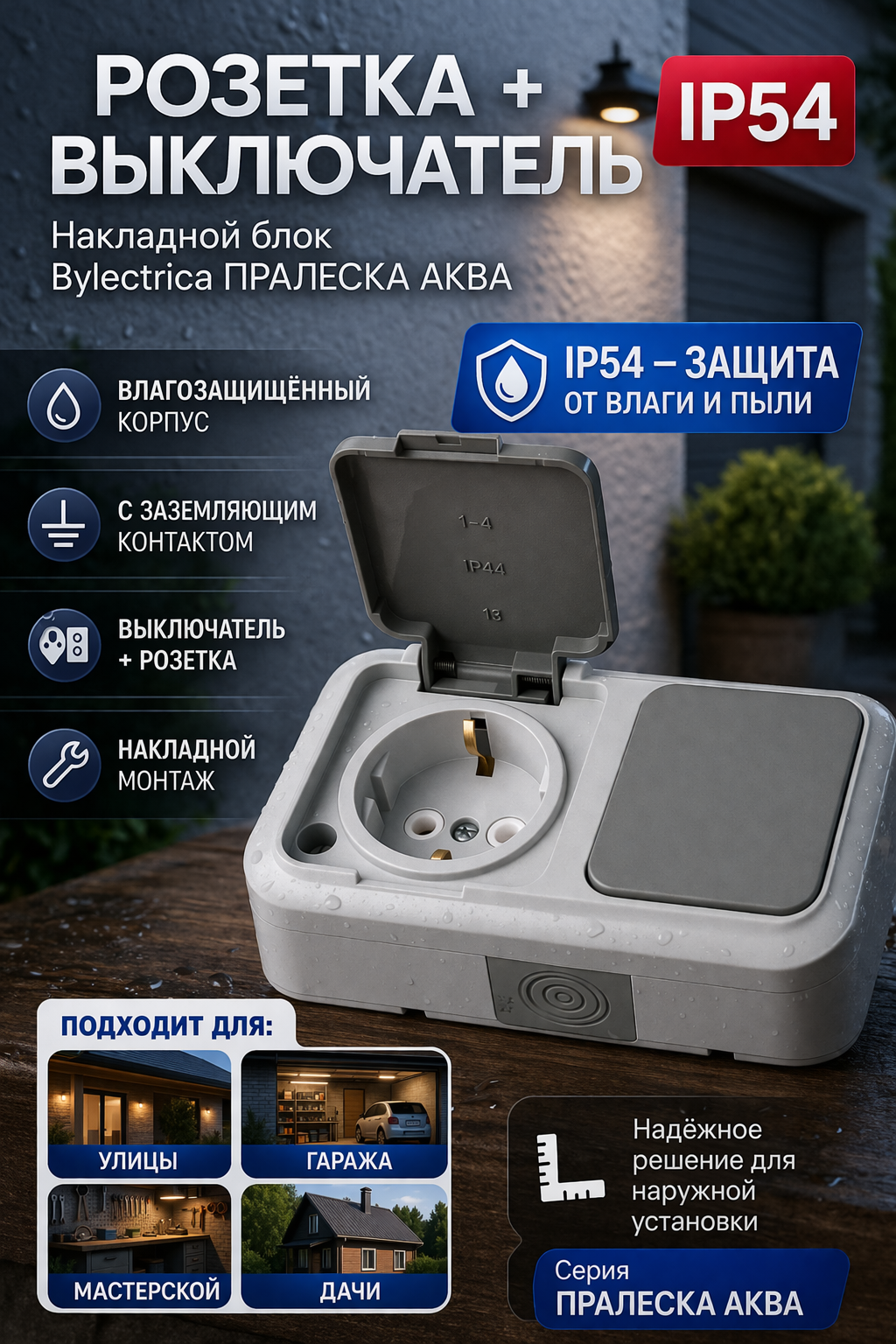Блок Bylectrica 1 выключатель + розетка с заземляющим контактом ОУ IP54, серия пралеска аква, серый, В-РЦ-657 03