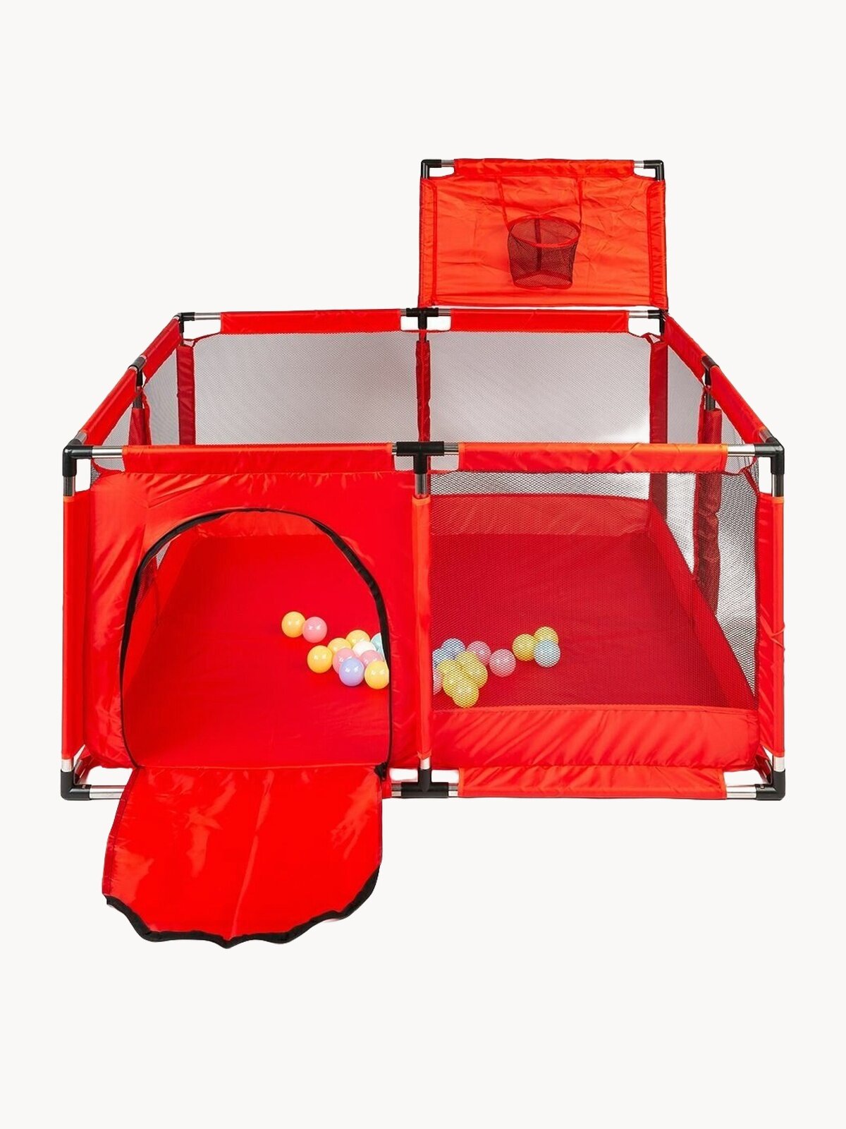 Манеж детский игровой напольный 3 в 1 SOLMAX для новорожденных с шариками в комплекте, Красный,128х128х66 см