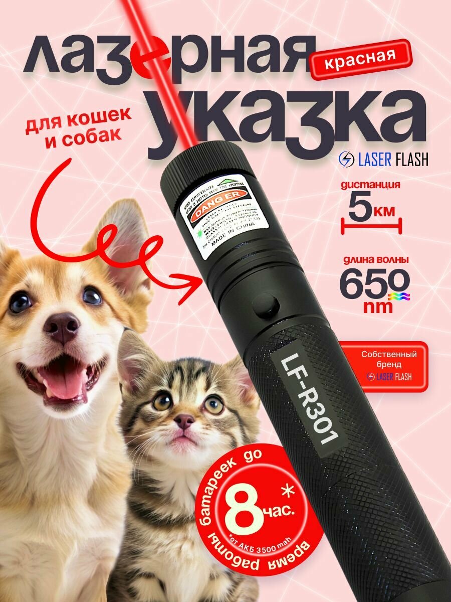 Мощная лазерная указка 301 для кошек и собак красная 650 нм (комплект)