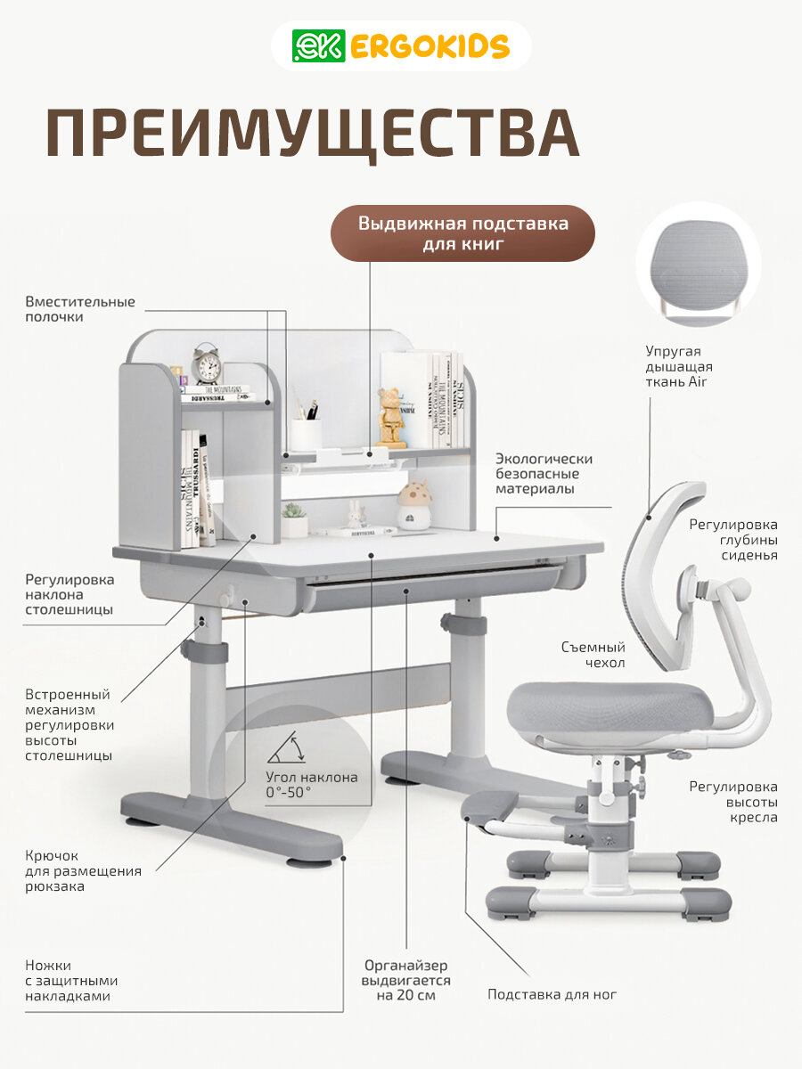Изображение Растущий стол парта и стул детский набор Ergokids Umba XL BD-39 серый