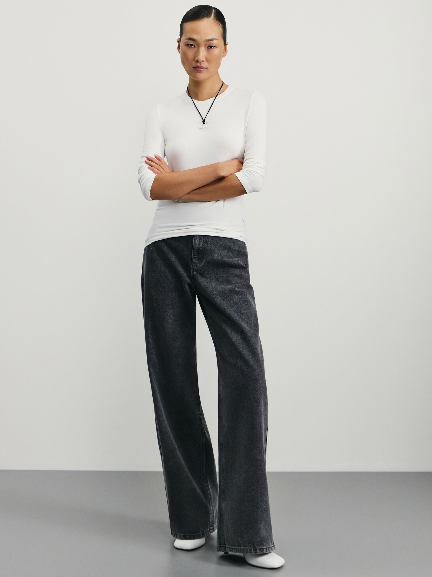 Джинсы широкие Zarina wide leg, размер L (RU 48)/164, серый деним
