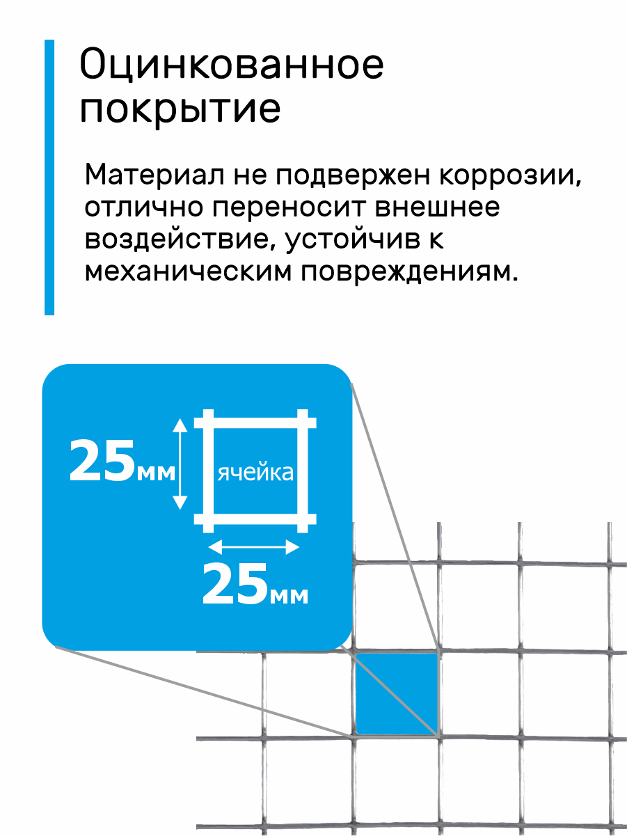 Сетка оцинкованная сварная заборная строительная ячейка 25 х 25 мм d=0,7 мм (рулон 1 х 10 м) — фото 1