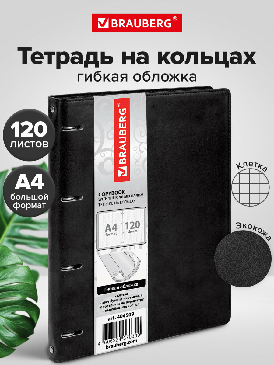 Тетрадь на кольцах со сменным блоком для учебы Большая, А4 (240х310 мм), 120 листов под кожу, клетка, Brauberg Main, черный, 404509