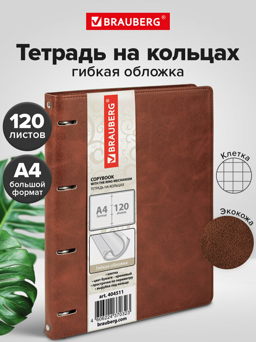 Тетрадь на кольцах со сменным блоком для учебы Большая, А4 (240х310 мм), 120 листов под кожу, клетка, Brauberg Main, коричневый, 404511