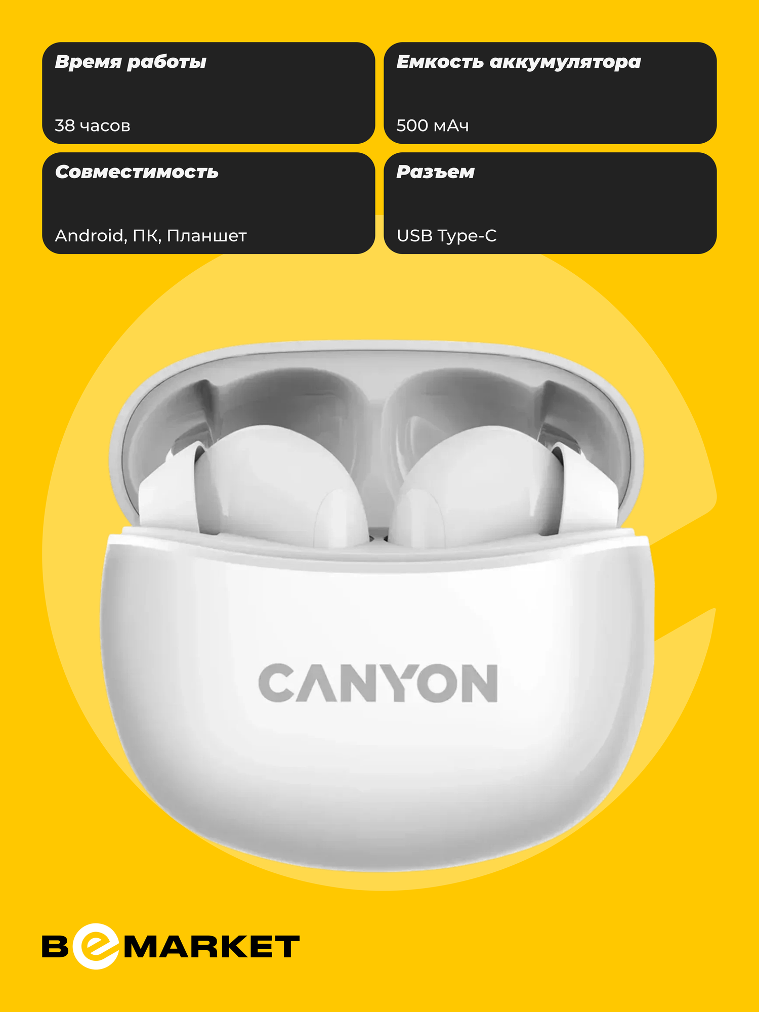 Беспроводные наушники Canyon TWS-5 White Bluetooth 5.3 True wireless — фото 1