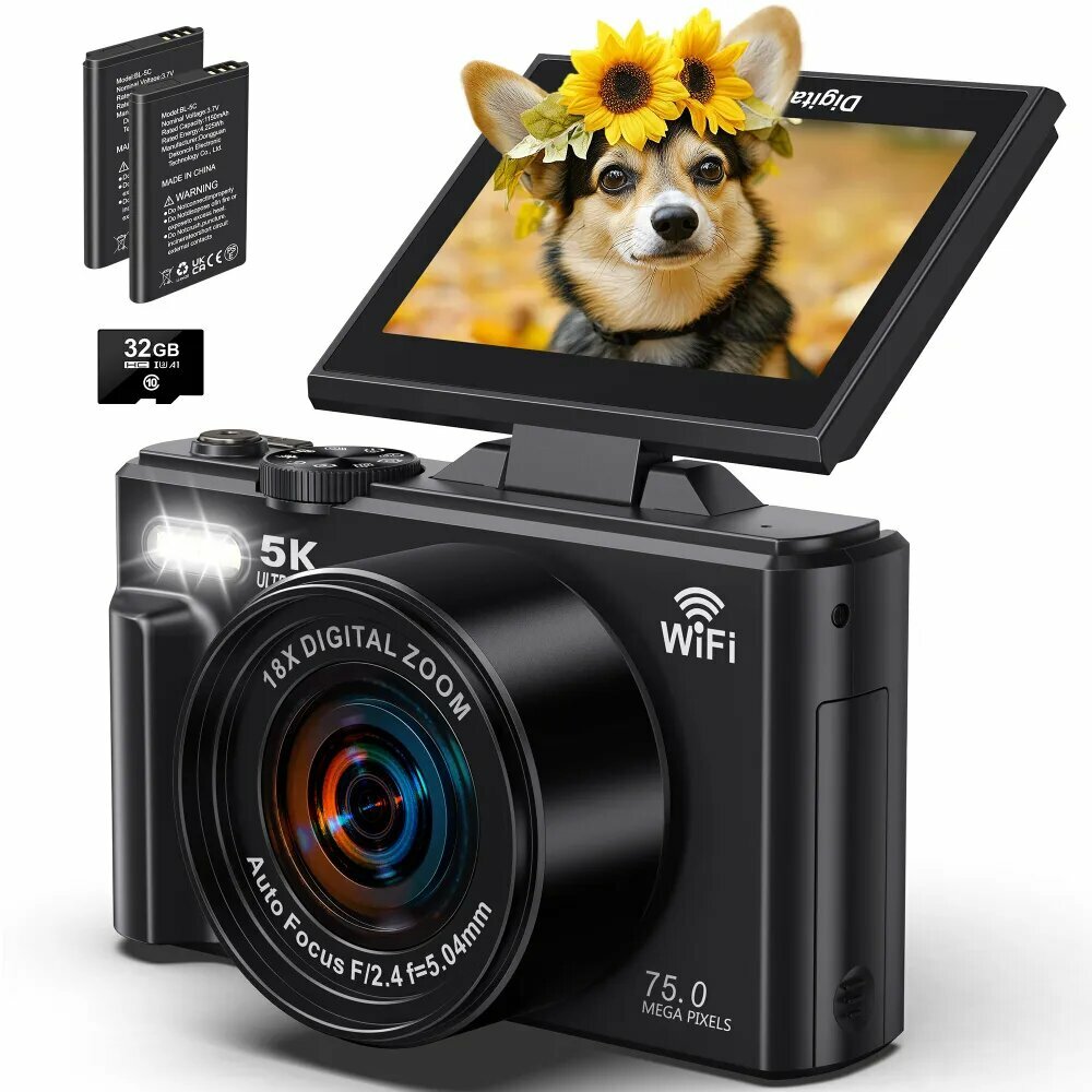 Цифровая камера 5K UHD 75 МП с Wi-Fi, 18-кратным зумом, откидным экраном