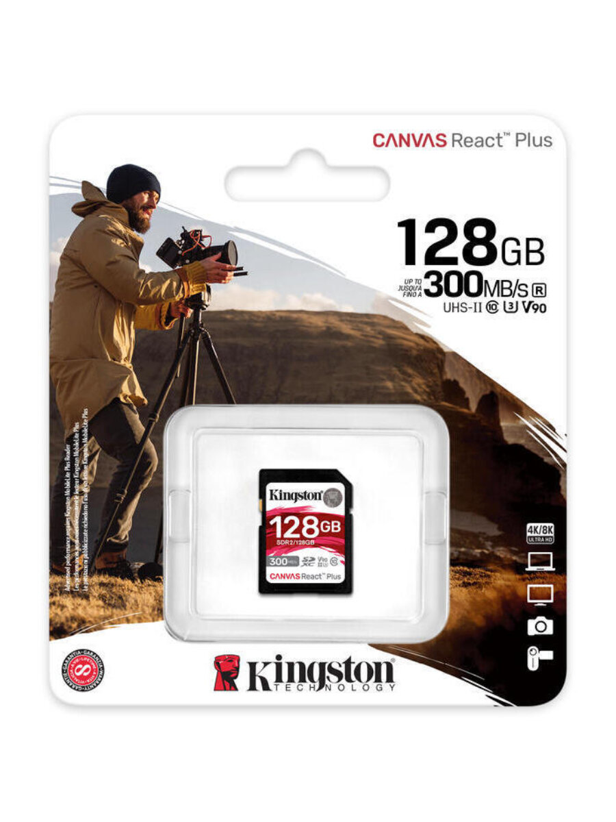 Карта памяти SD 128GB Kingston Canvas React Plus (SDR2/128GB), UHS-II, U3, V90 — фото 1