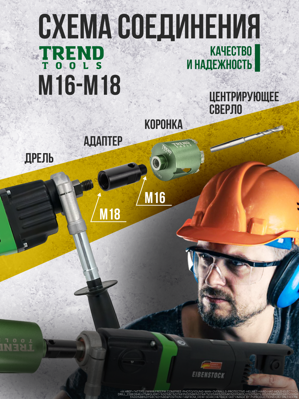 Адаптер переходник М16-M18 для дрели, перфоратора под центратор Trend Tools — фото 1