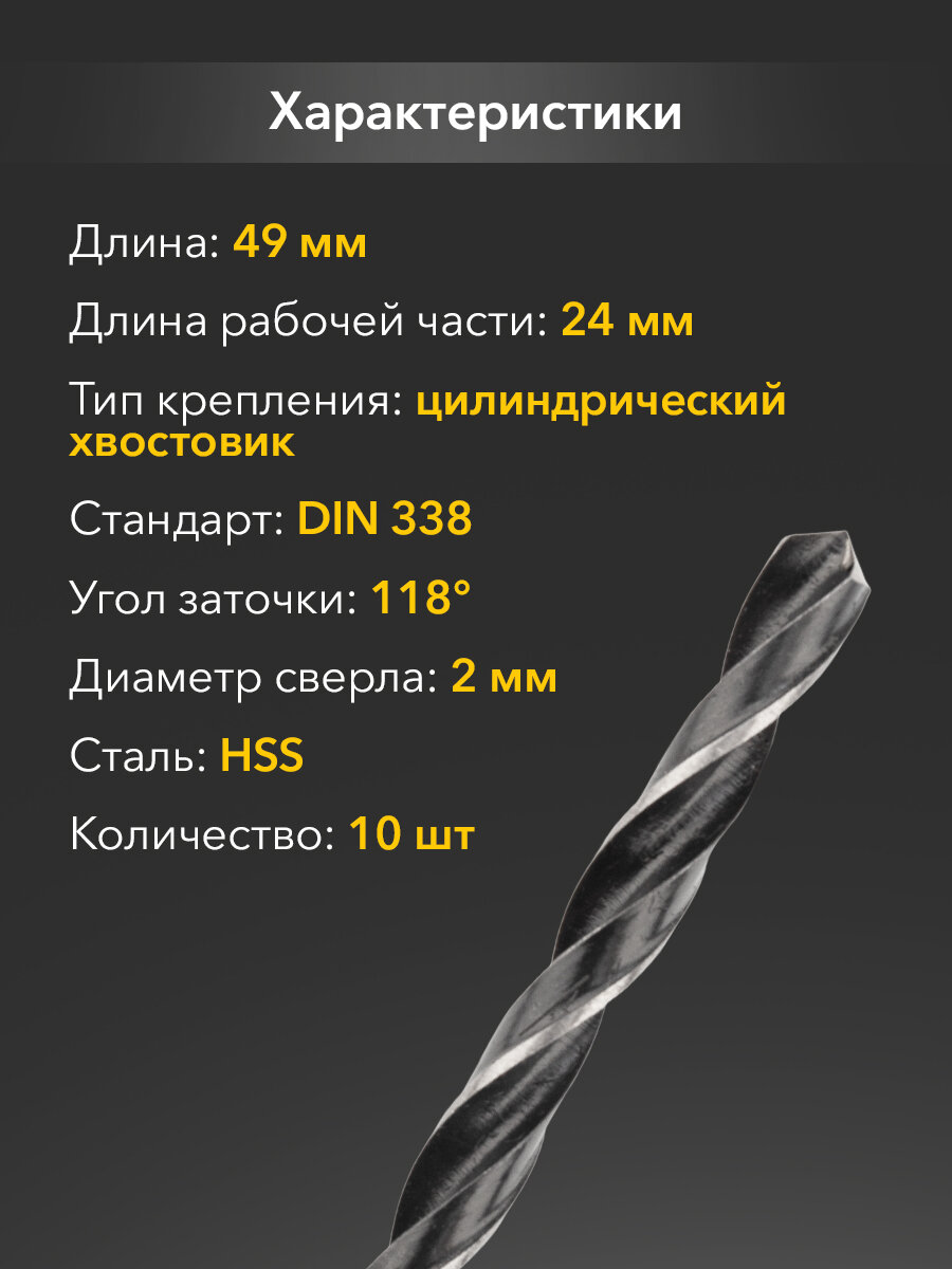 Сверло KRANZ по металлу 2,0 мм повышенной прочности с углом заточки 118 градусов HSS, 10 шт. в упаковке, DIN 338 — фото 1