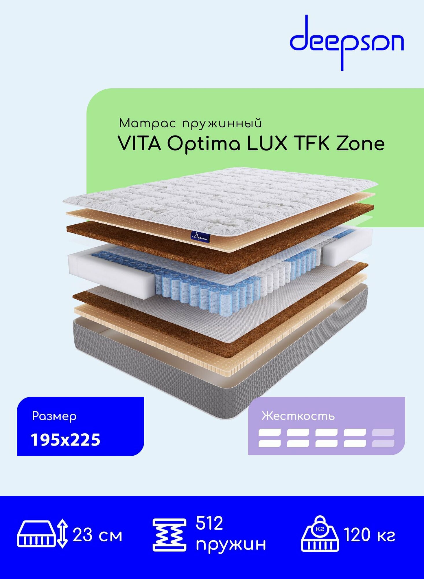 Матрас 195x225 ортопедический пружинный на кровать VITA Optima LUX S500 высота 23 см