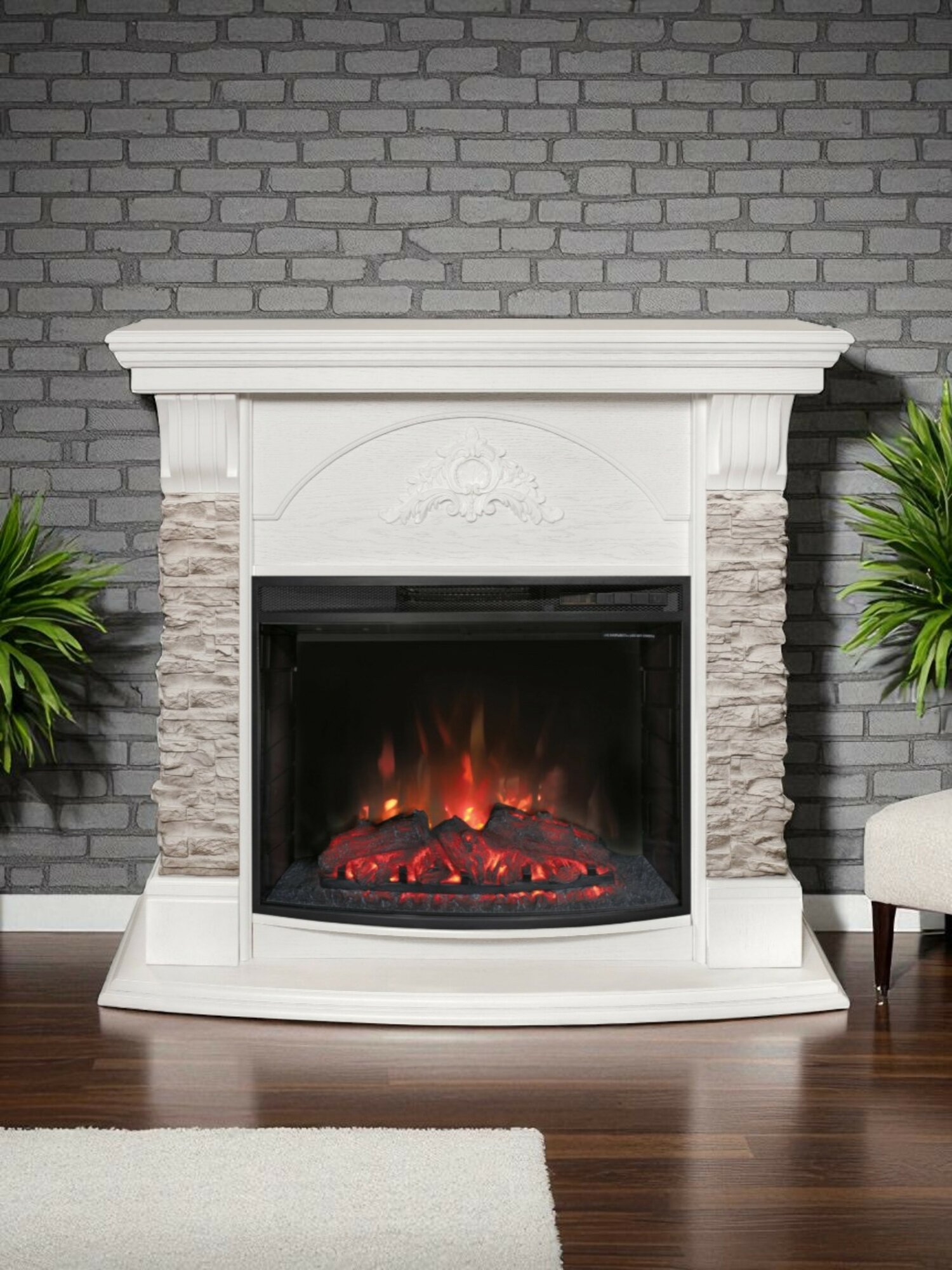 Электрокамин RealFlame Атланта GR WT с Evrika 255 панорамное стекло обогрев звуковой эффект пульт ду