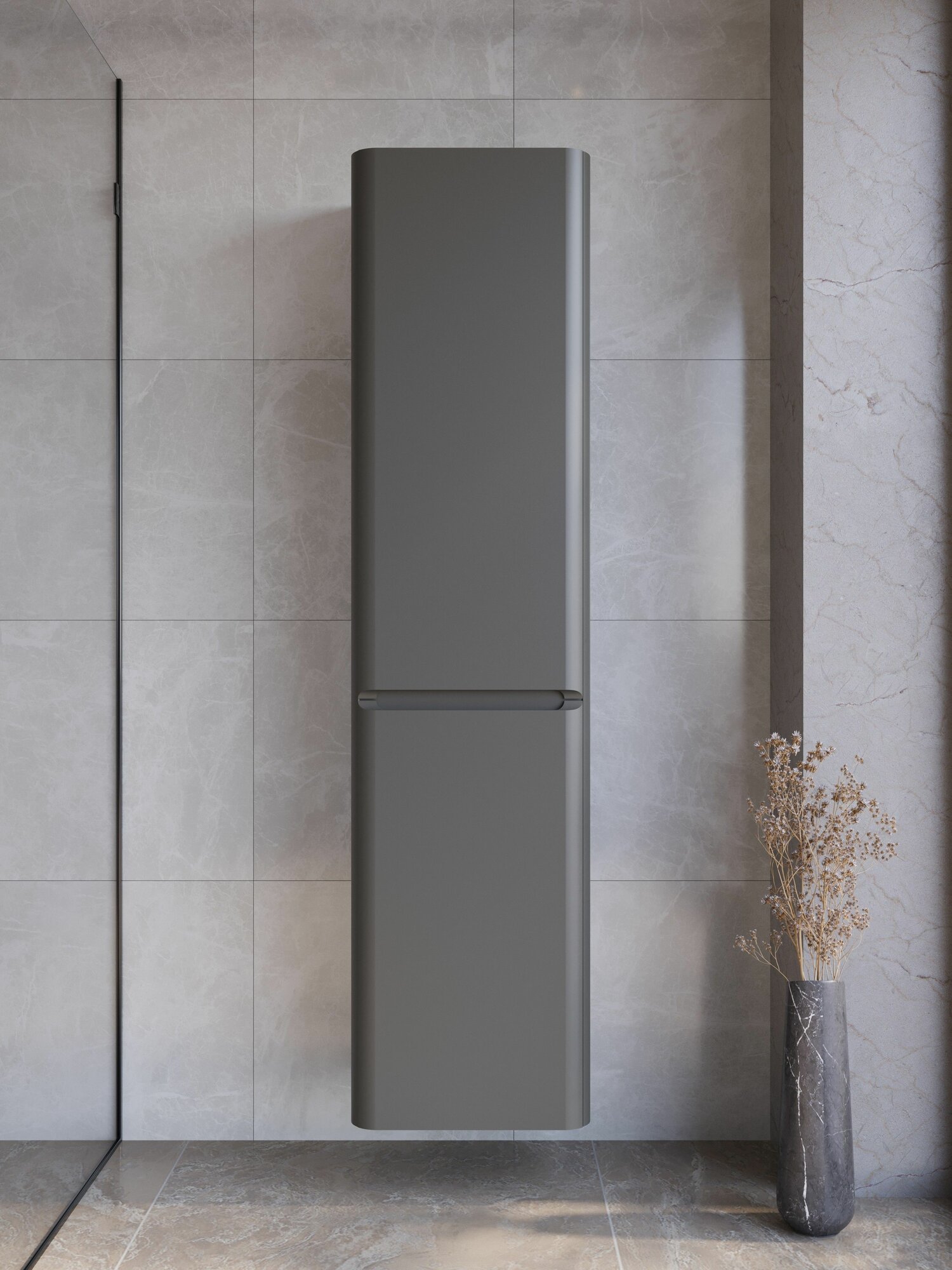 Шкаф пенал для ванной с корзиной для белья подвесной Vita Графит, левое открывание, аквакрафт