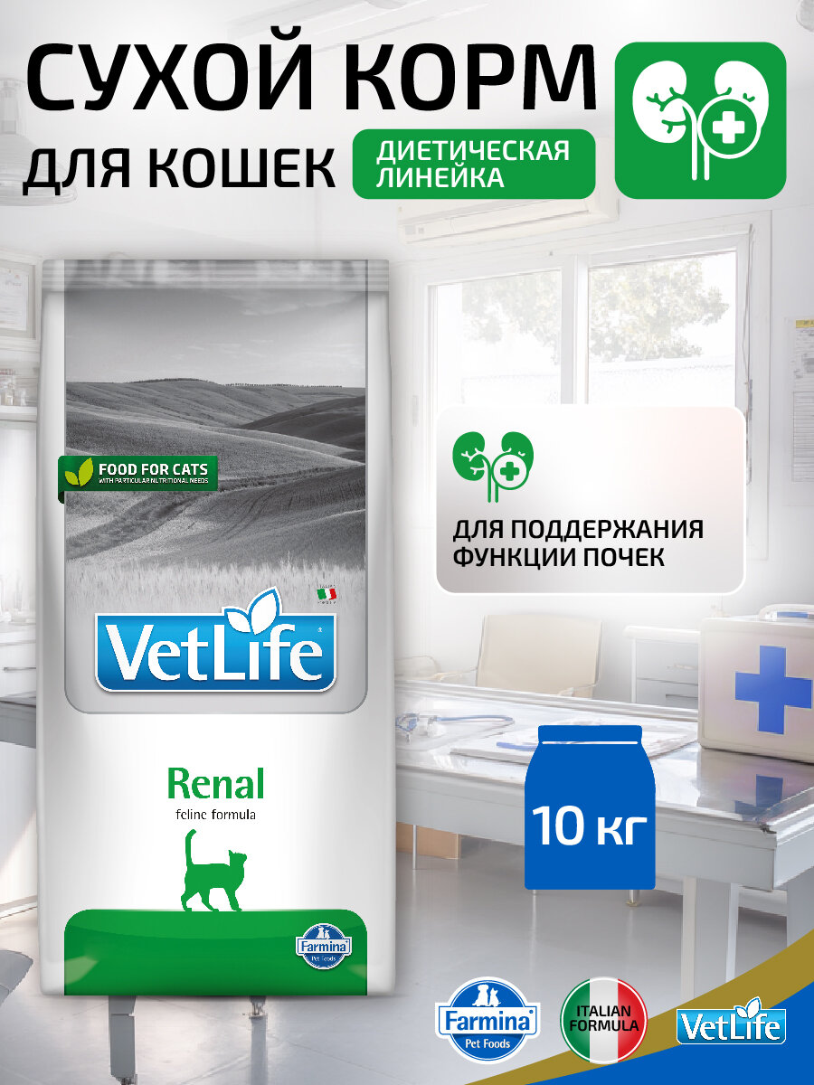 Сухой диетический корм Farmina Vet Life Renal для кошек, поддержание функции почек при почечной недостаточности, 10 кг