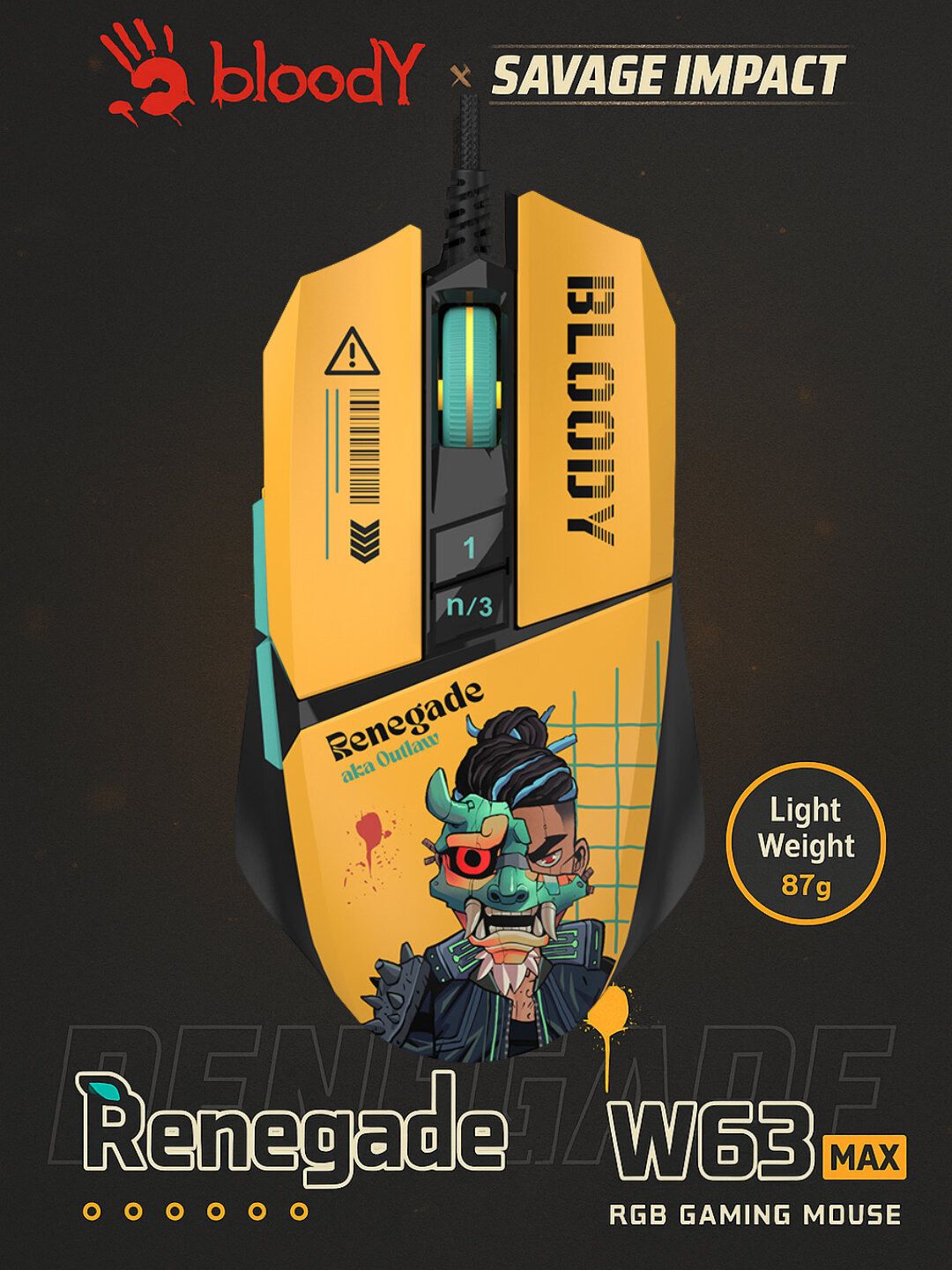 Игровая мышь Bloody Renegade W63 Max, проводная, оптическая, RGB-подсветкой, 6 кнопок