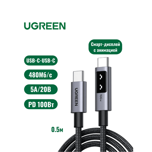 Кабель UGREEN Robot L509 UNO (45612) Type C to Type C 5A PD 100W в оплетке 0.5 м, цвет черный