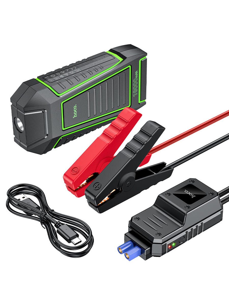 Изображение Пуско-зарядное устройство для автомобиля, повербанк 10000mAh HOCO QS1 12B, с фонарем, цвет Черный/зеленый