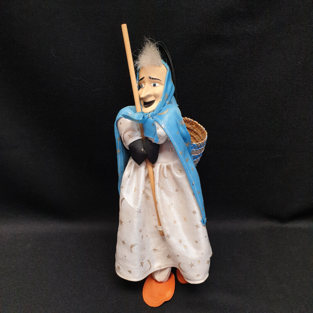 Баба Яга 30 см лицо керамика тело мягконабивное ткань дерево. Винтаж.