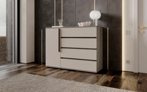 Изображение товара Норд МИФ Комод 1 дверь 4 ящика, 120*90*45м(черные ручки), Кашемир/дуб крафт серый