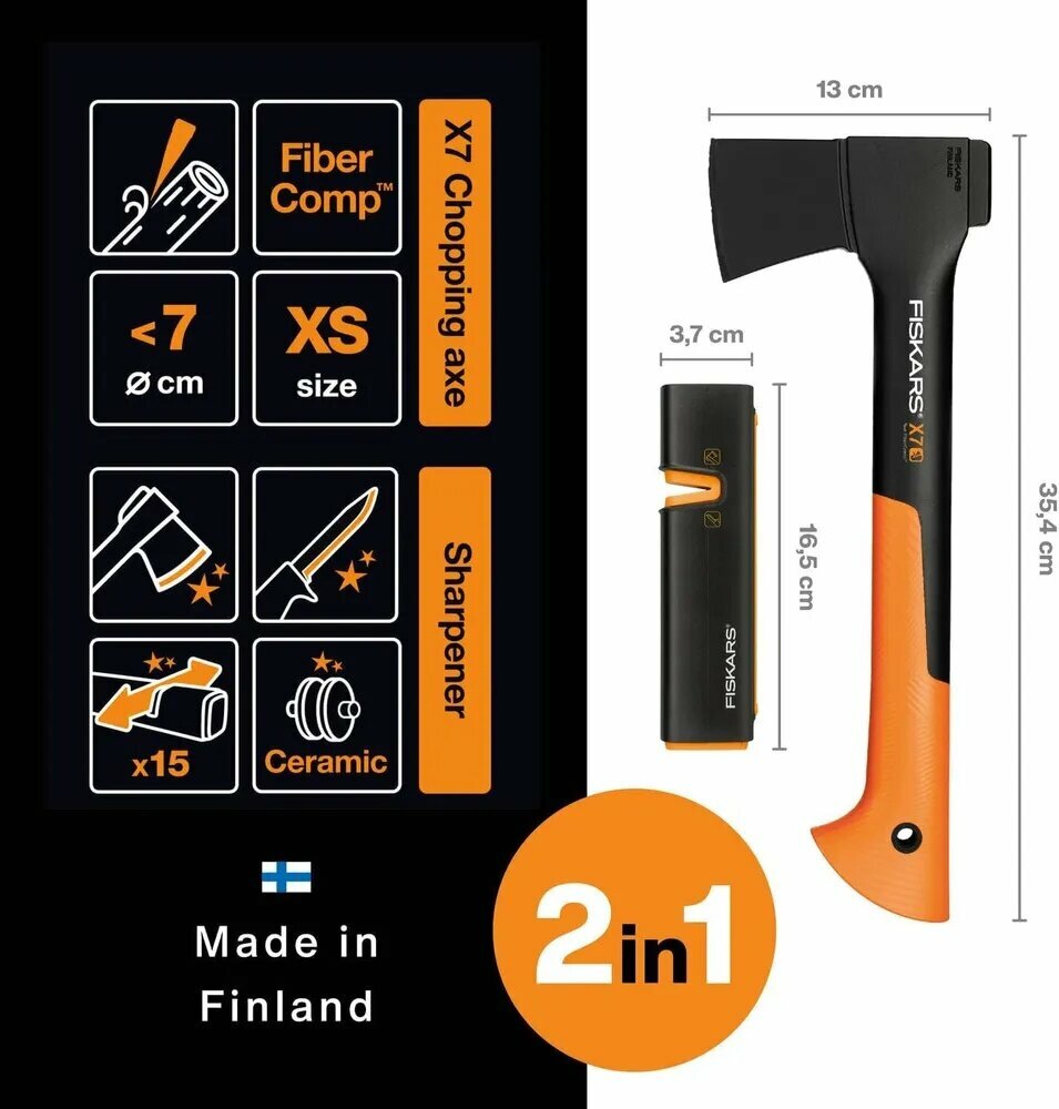 Универсальный топор для раскалывания древесины + точильный инструмент 07 кг Fiskars X7 (1020183)