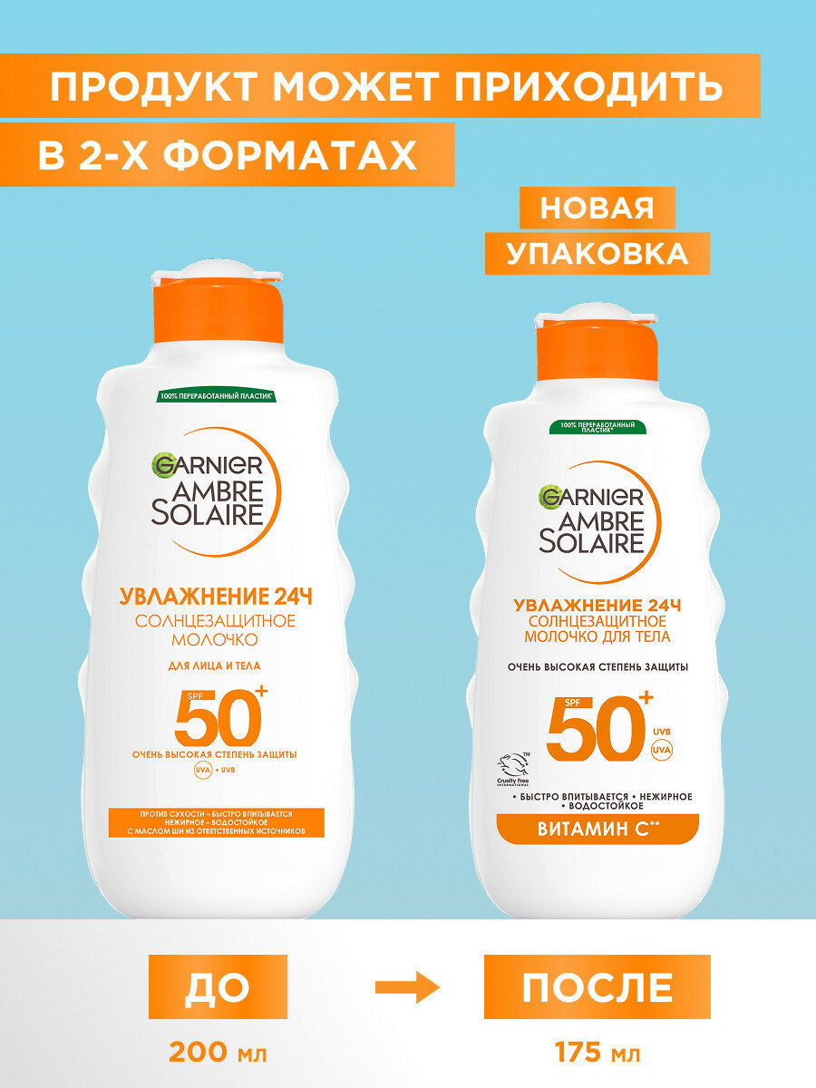 Garnier Солнцезащитное молочко для лица и тела Ambre Solaire, SPF 50+, водостойкое, нежирное, с маслом ши, 175 мл — фото 1