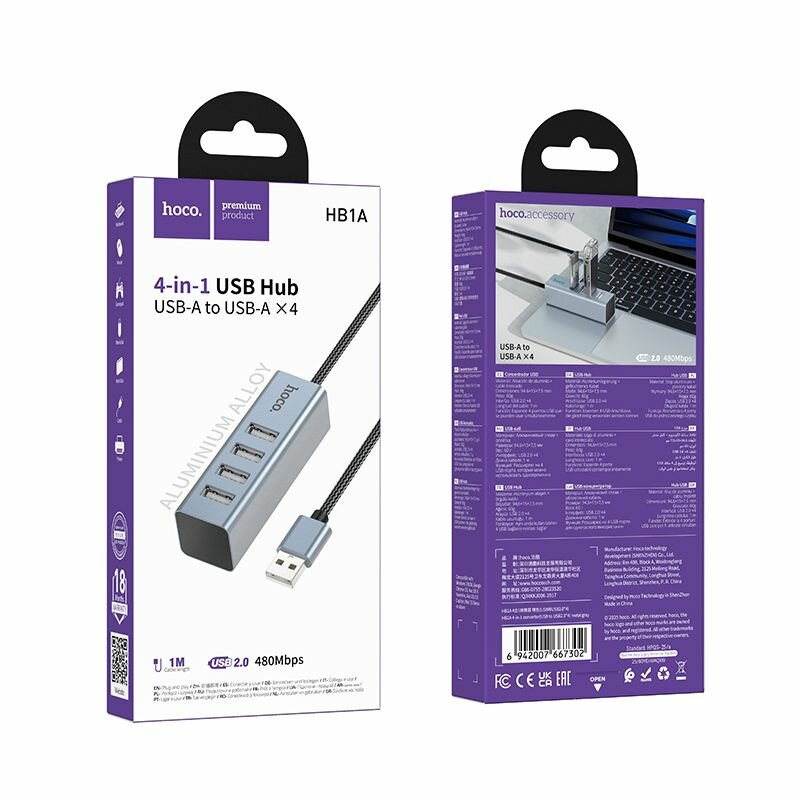 Адаптер Hoco HB1A 4-в-1 конвертер (USB на USB2.0*4)