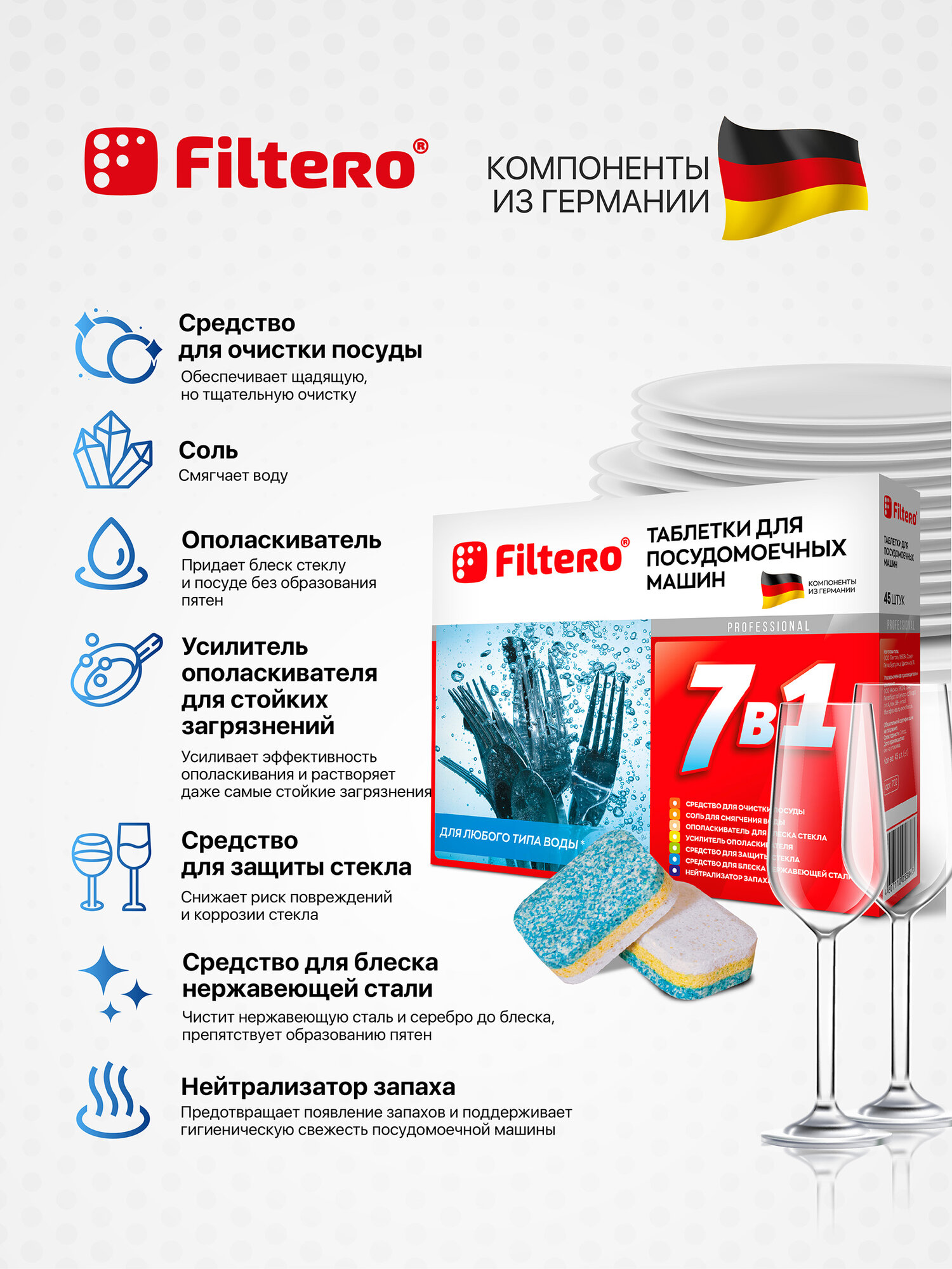 Таблетки для посудомоечной машины Filtero 7 в 1, 45 шт, коробка — фото 1