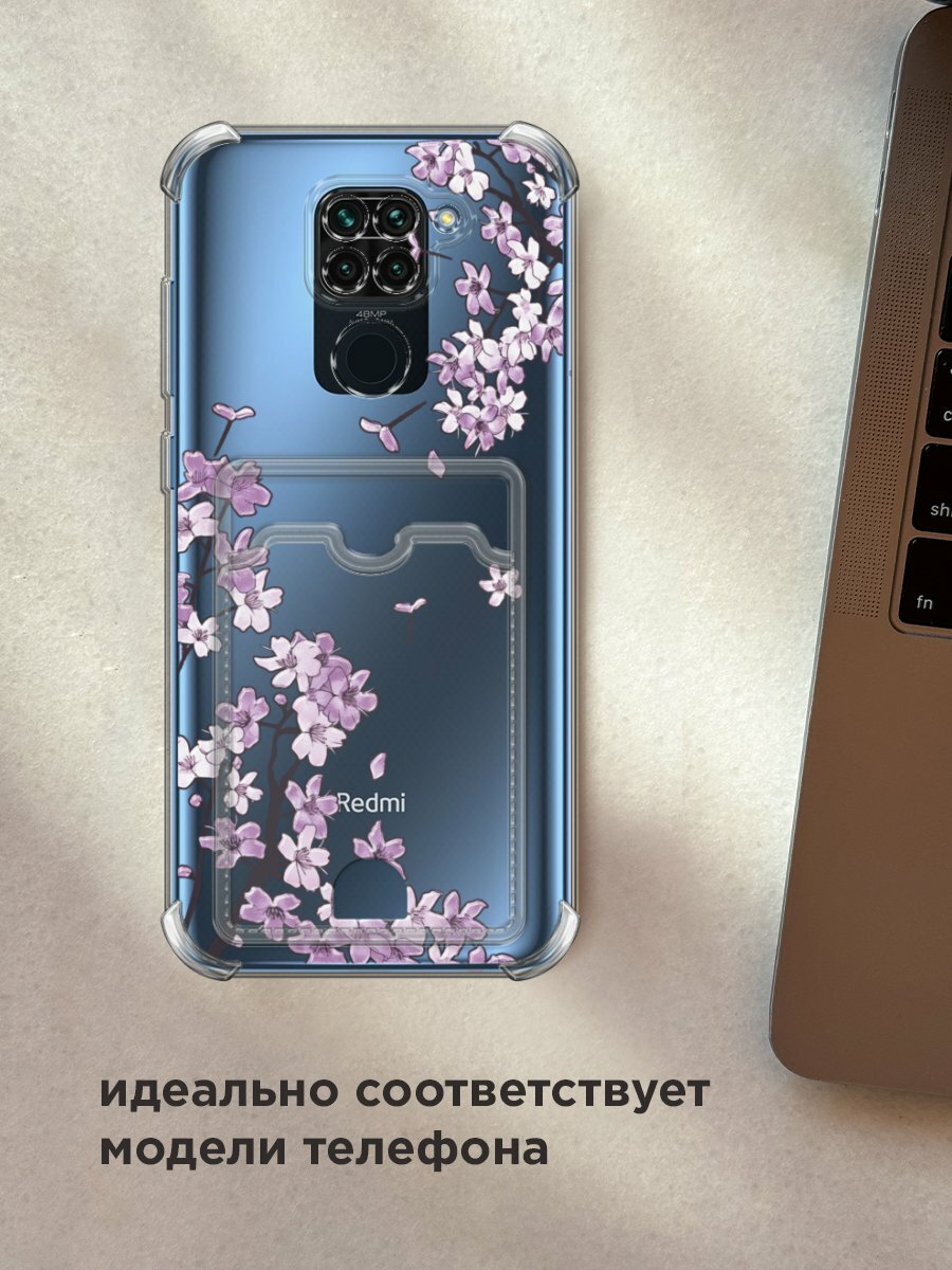 Чехол на Xiaomi Redmi 10X/Note 9 (Сяоми Редми 10Х/Редми Нот 9) с картой и принтом "Ветви сакуры сиреневые 1" — фото 1