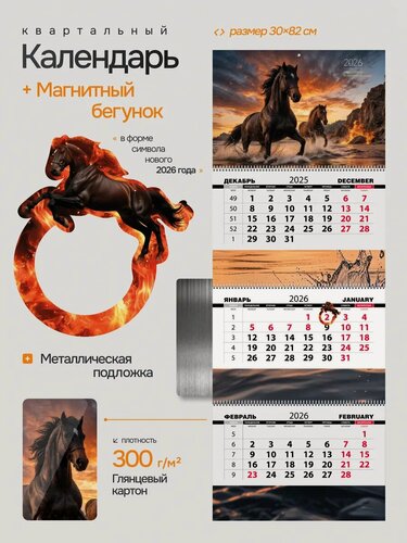 Изображение товара Календарь настенный квартальный 2026 с магнитным бегунком, Лошади в воде