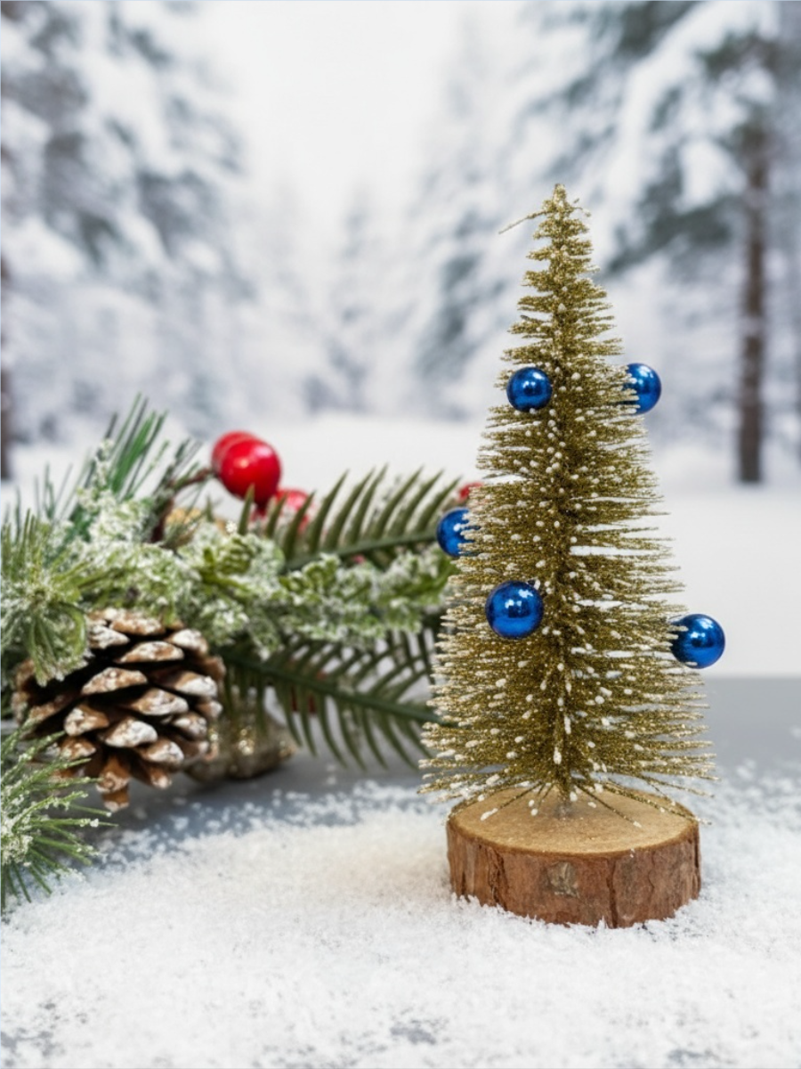 Ёлка настольная новогодняя, золотистая, высота 10см, на деревянной подставке — фото 1