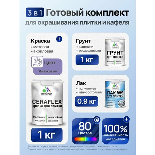 фото Комплект malare для окрашивания плитки и кафеля (1кг грунт + 1кг краска + 0,9кг лак), без запаха, полуглянцевый, цвет фиалковый