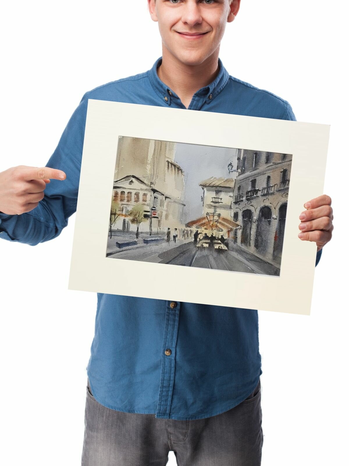 Картина авторская акварельная в паспарту 30х40 см на стену для интерьера "Вильянцова-де-лос-Инфантес. Свет и тень."