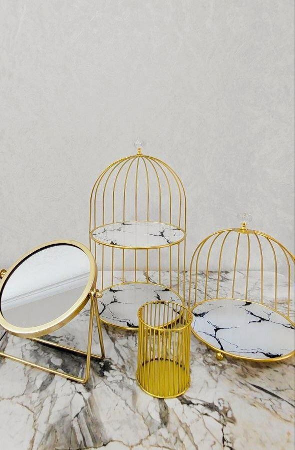 Набор органайзеров 4в1 в1 для косметики и парфюмерии — одноярусный и двухъярусный, золотой металл и белое стекло